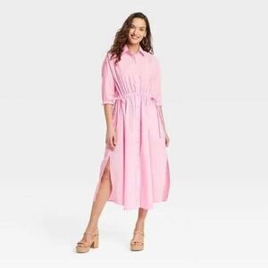 Universal Thread Button Front Midi Shirt Dress Women Sz XS Cotton Side Ties Pink